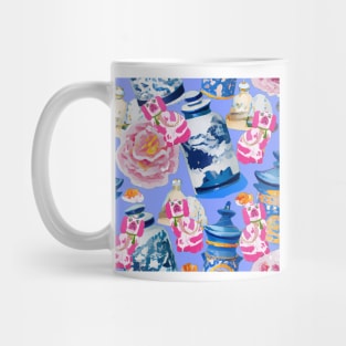 Pink Staffordshire dogs, roses and chinoiserie jars on lavender background Mug